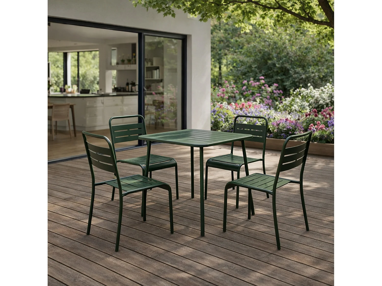 Ensemble table de jardin carrée 70cm et 4 chaises vert BERGAME