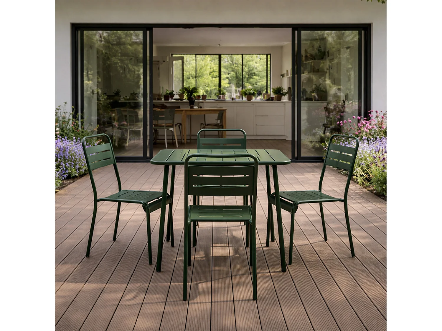 Ensemble table de jardin carrée 70cm et 4 chaises vert BERGAME
