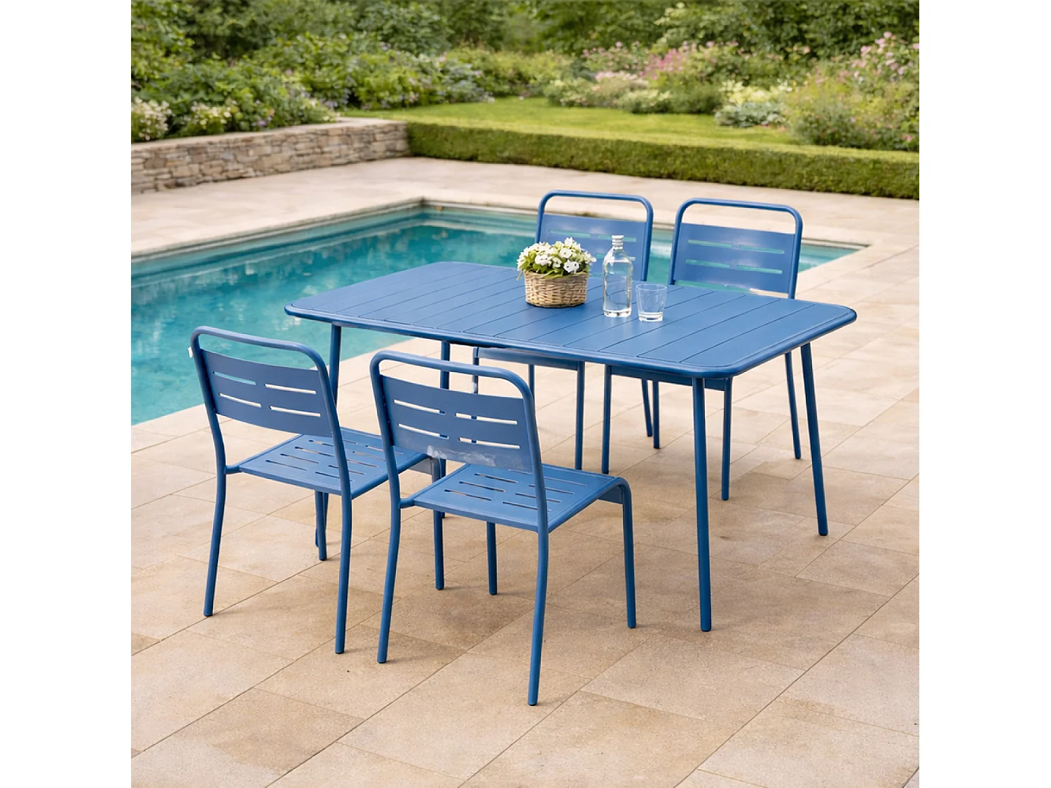 Ensemble table de jardin 120 cm et 4 chaises bleu BERGAME