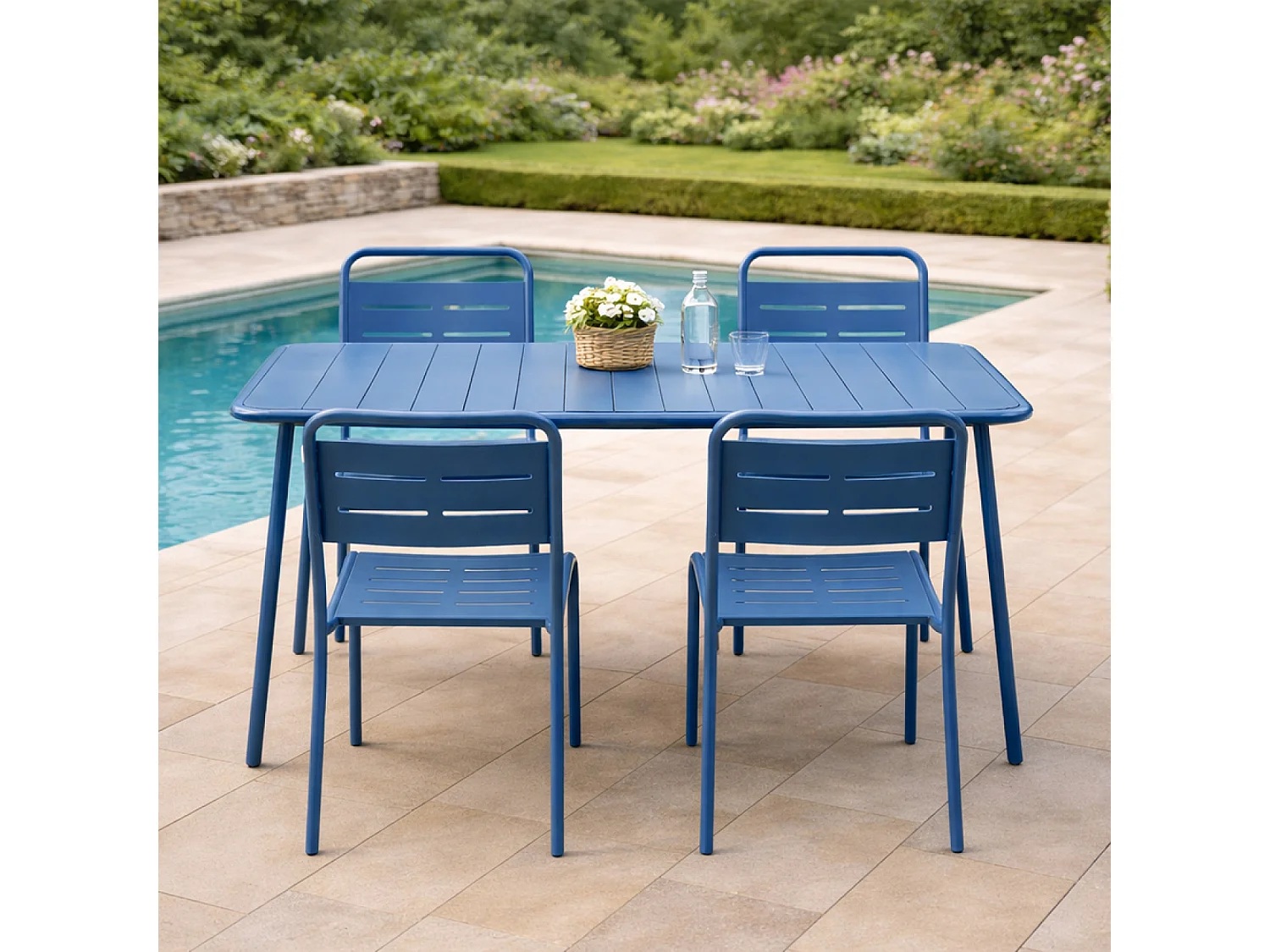 Ensemble table de jardin 120 cm et 4 chaises bleu BERGAME
