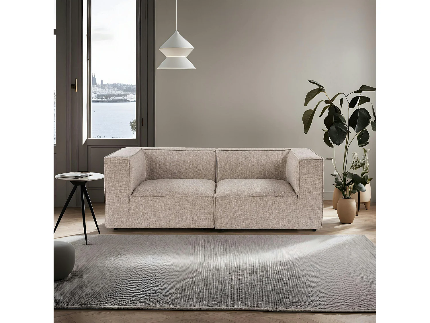 Canapé en lin 2 places beige, accoudoirs blocs COLLIOURE
