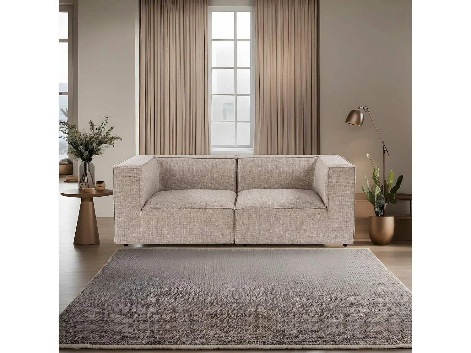 Canapé en lin 2 places beige, accoudoirs blocs COLLIOURE
