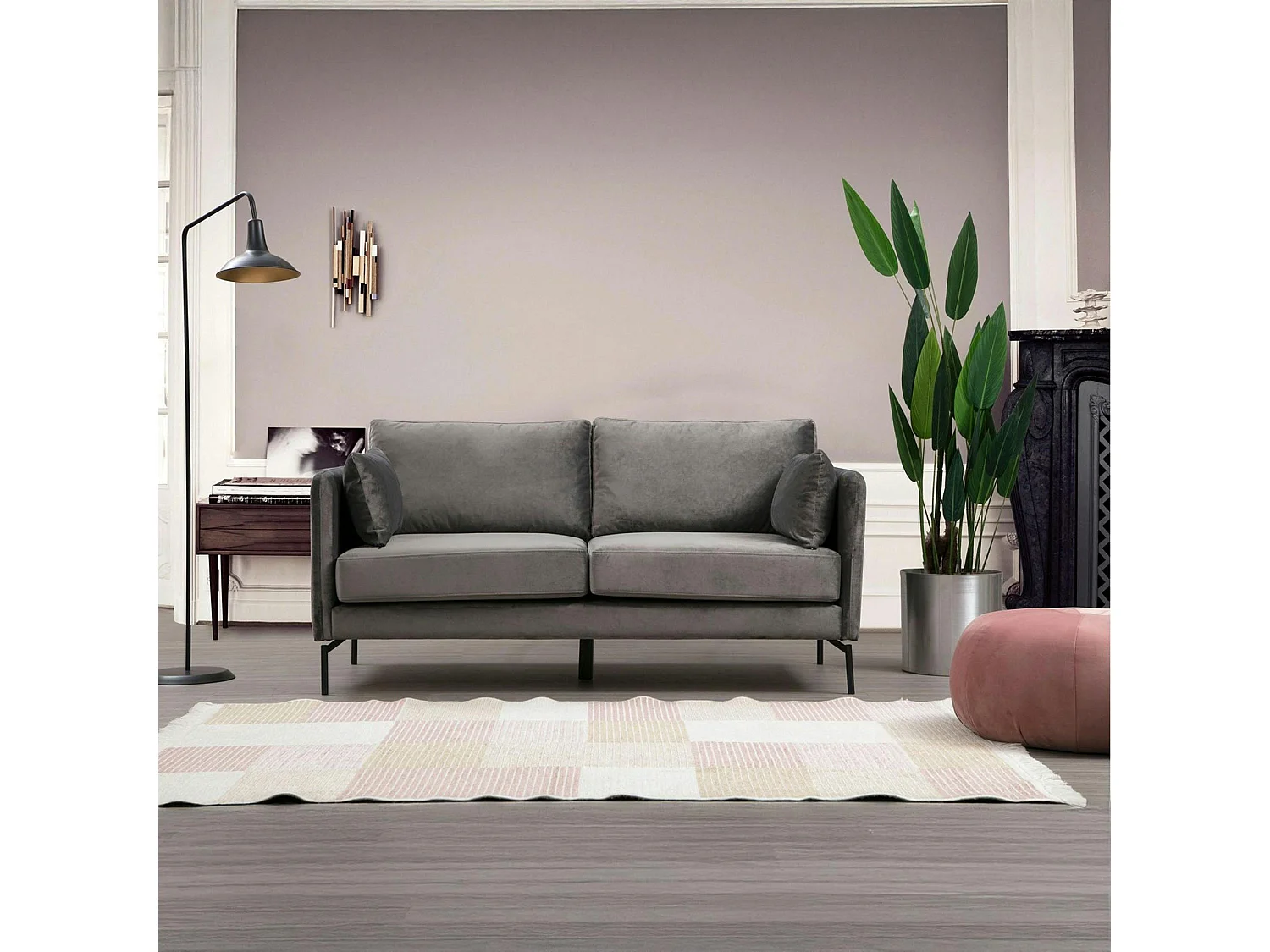 Canapé en velours 2 places gris, accoudoirs fins RANCHI