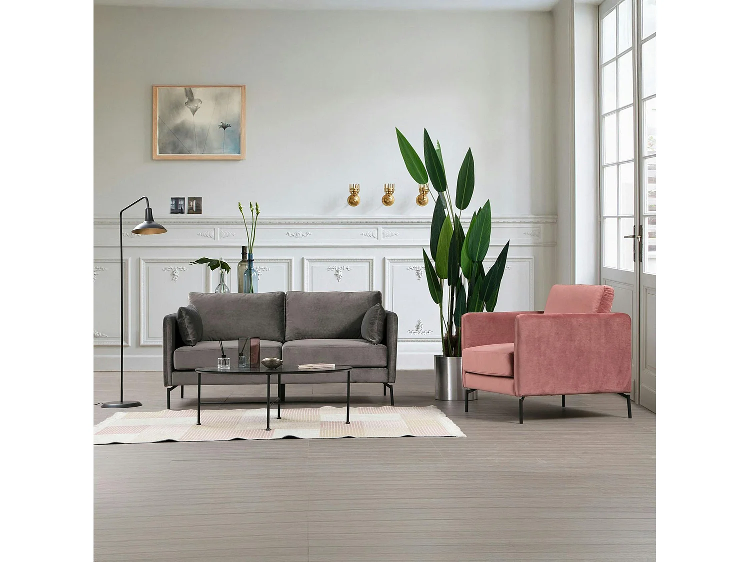 Canapé en velours 2 places gris, accoudoirs fins RANCHI