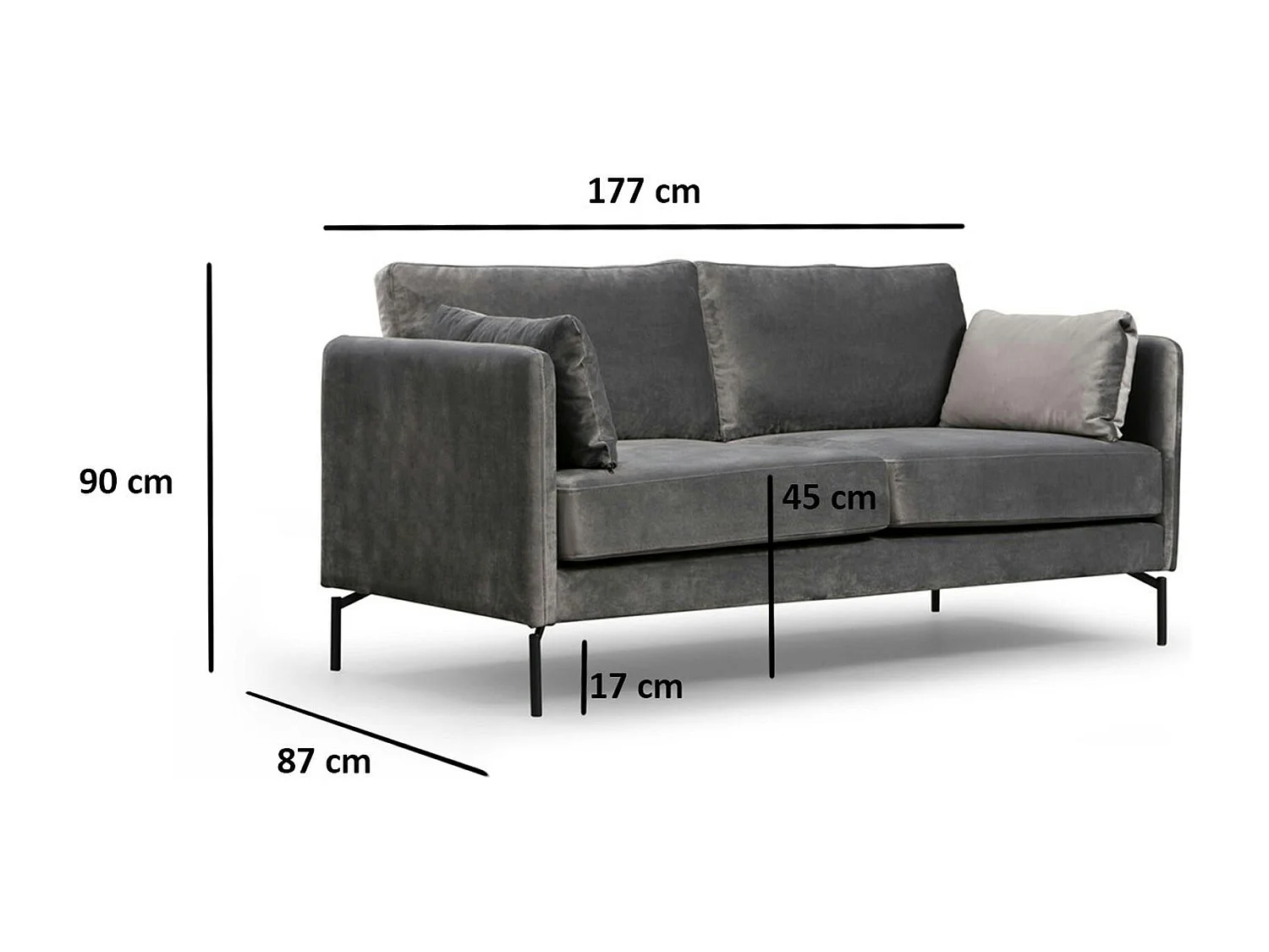 Canapé en velours 2 places gris, accoudoirs fins RANCHI