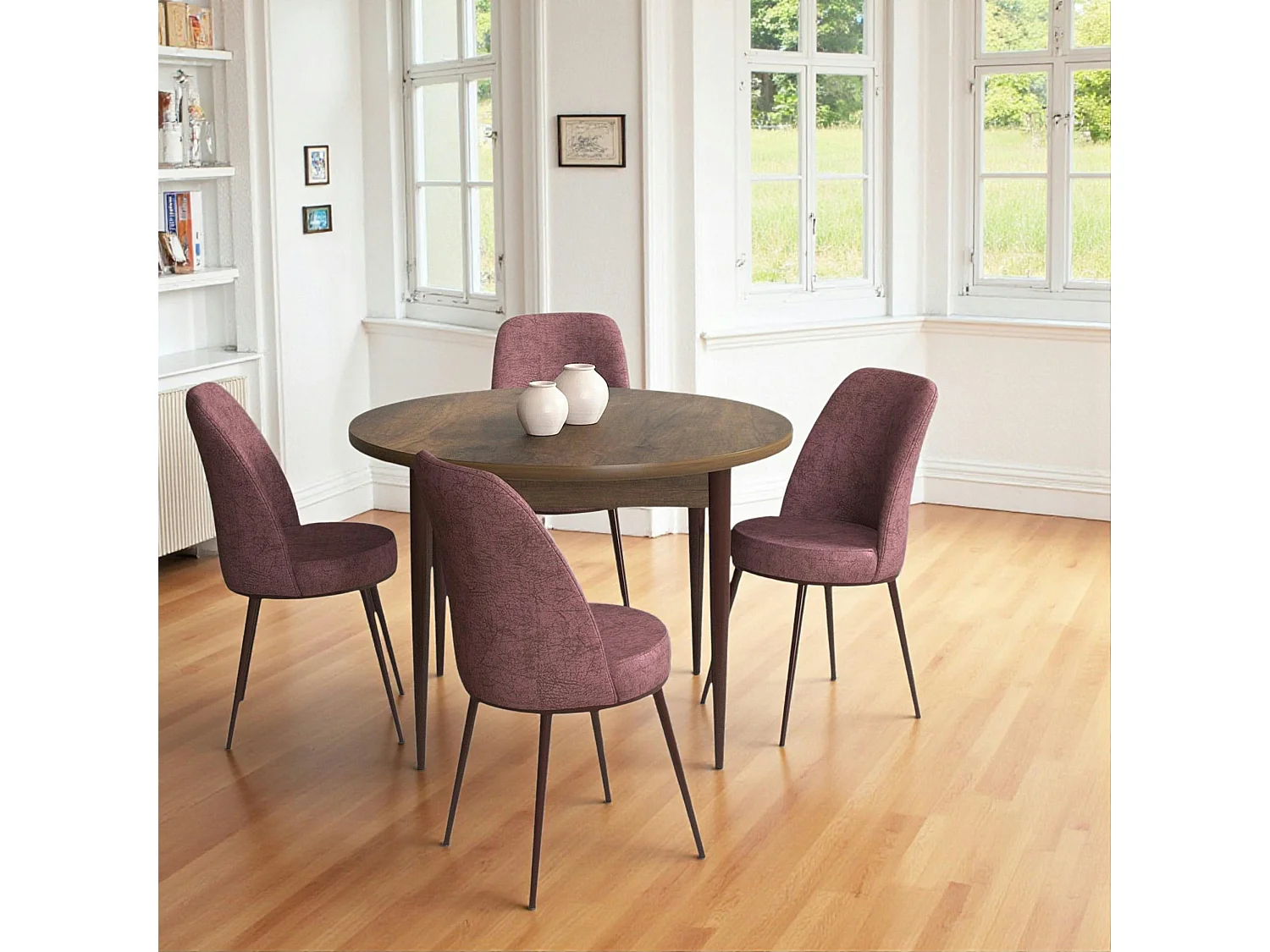 Ensemble table ronde Ø90 cm + 4 chaises roses à motifs AROLA