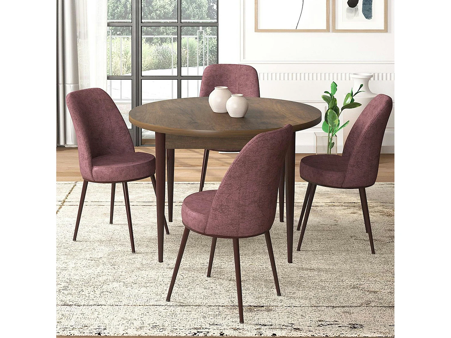 Ensemble table ronde Ø90 cm + 4 chaises roses à motifs AROLA