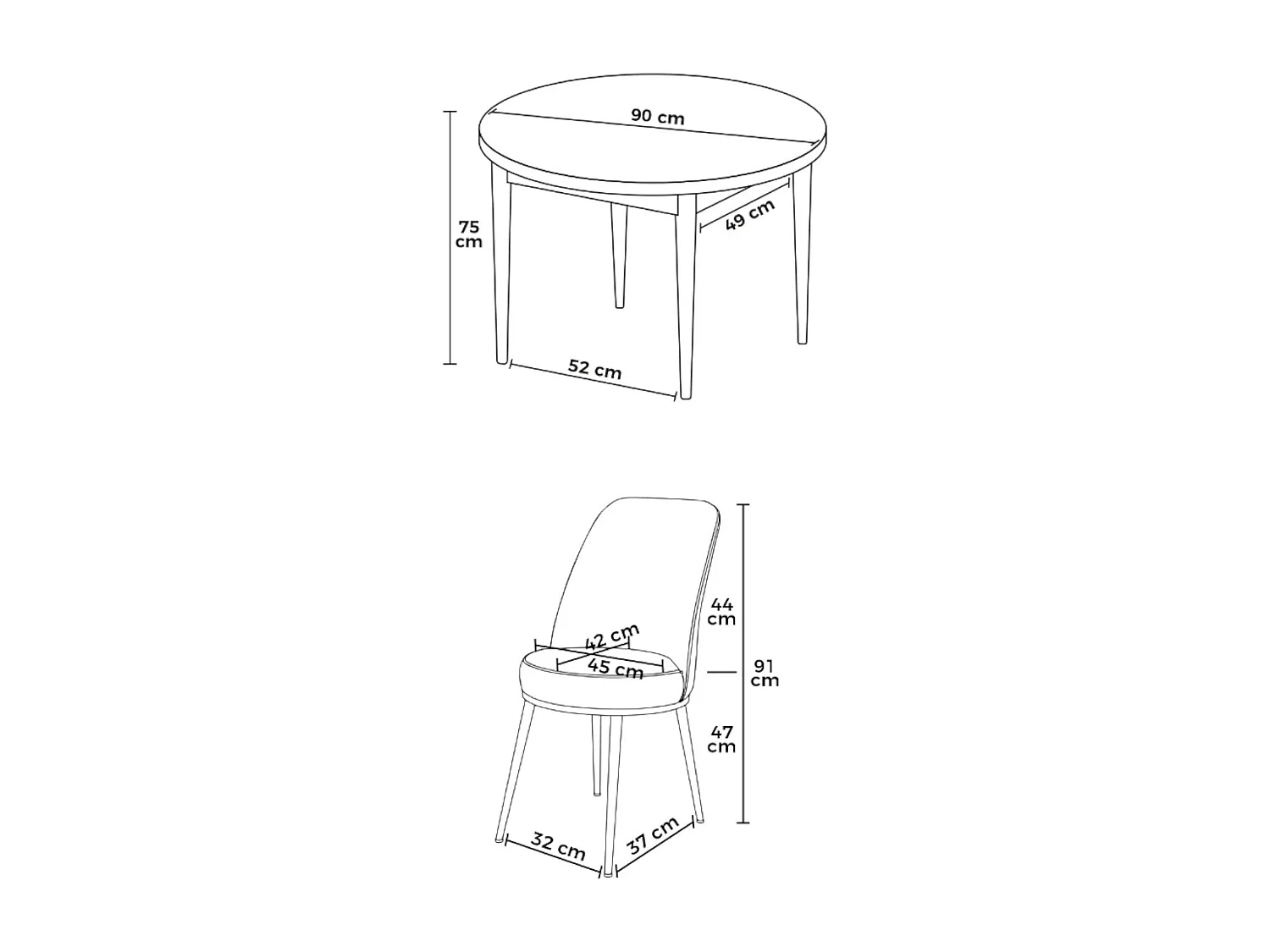 Ensemble table ronde Ø90 cm + 4 chaises roses à motifs AROLA