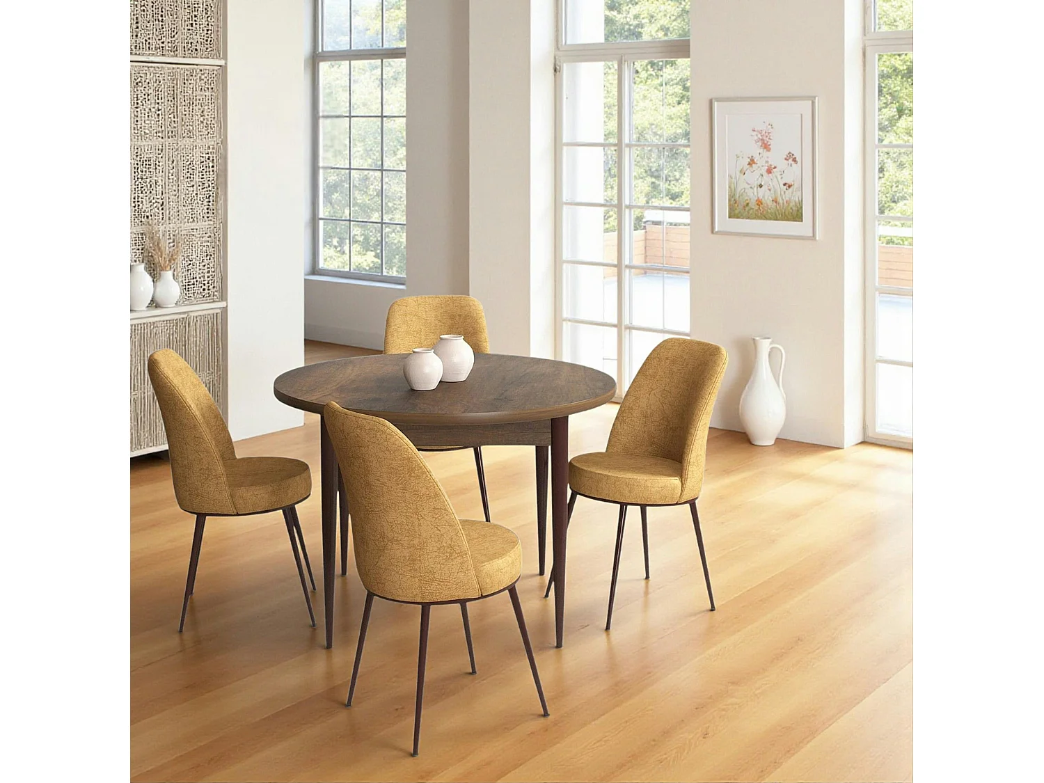 Ensemble table ronde Ø90 cm + 4 chaises moutarde à motifs AROLA