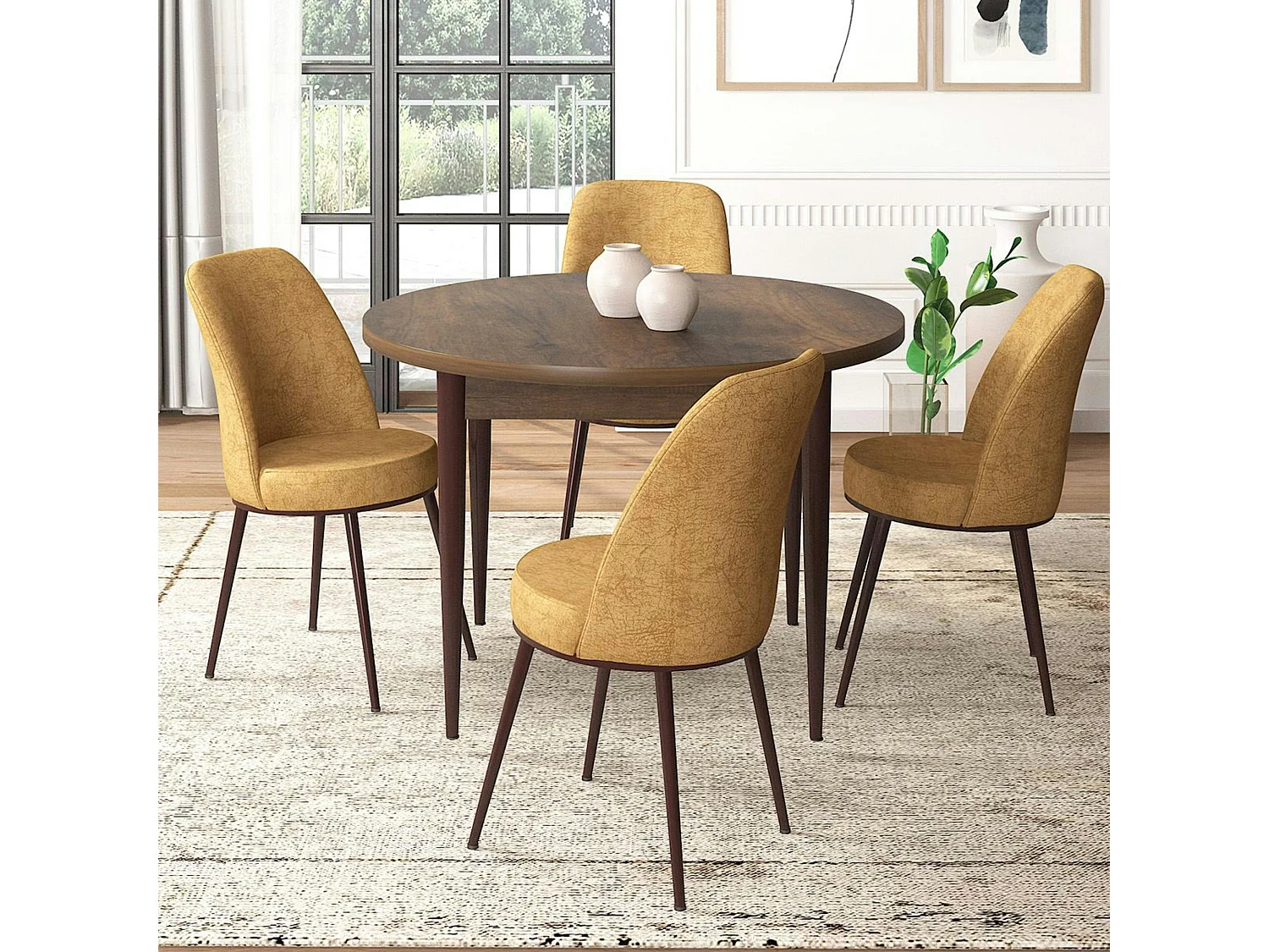 Ensemble table ronde Ø90 cm + 4 chaises moutarde à motifs AROLA