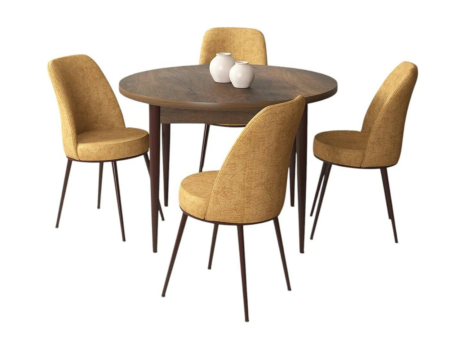 Ensemble table ronde Ø90 cm + 4 chaises moutarde à motifs AROLA
