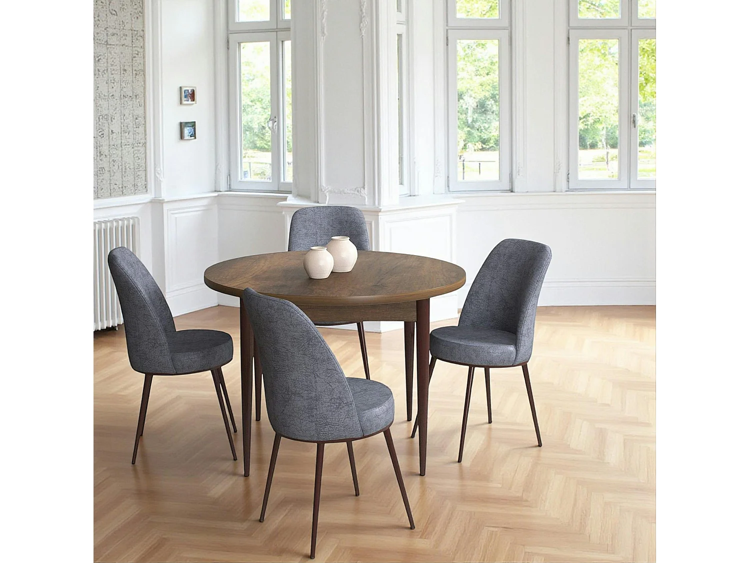 Ensemble table ronde Ø90 cm + 4 chaises grises à motifs AROLA