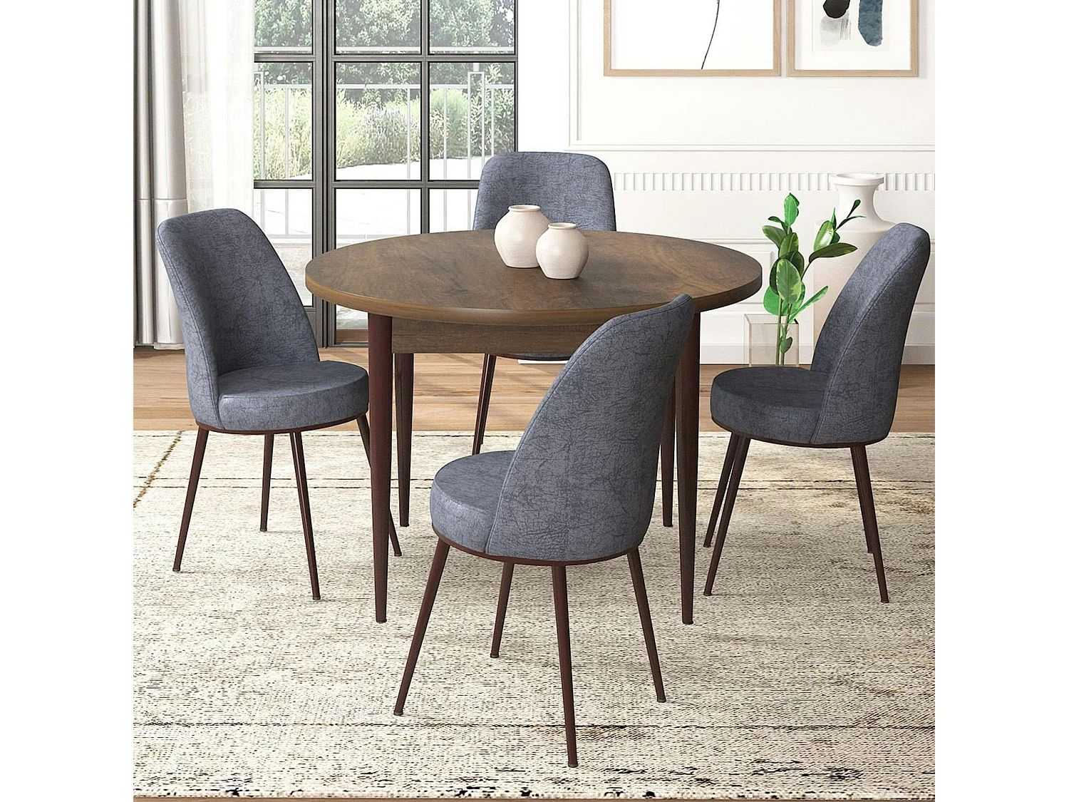 Ensemble table ronde Ø90 cm + 4 chaises grises à motifs AROLA