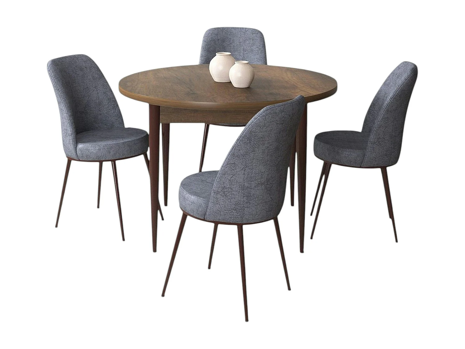 Ensemble table ronde Ø90 cm + 4 chaises grises à motifs AROLA