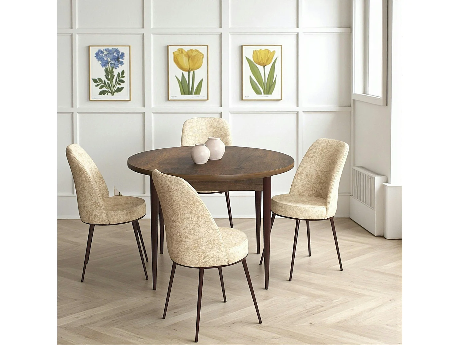 Ensemble table ronde Ø90 cm + 4 chaises beiges à motifs AROLA