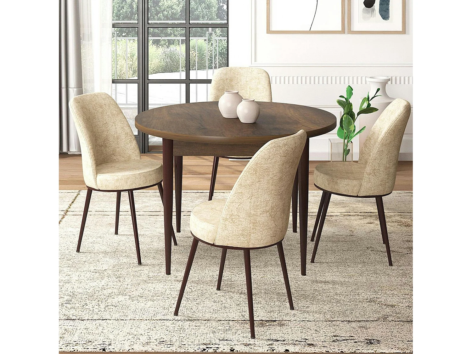 Ensemble table ronde Ø90 cm + 4 chaises beiges à motifs AROLA