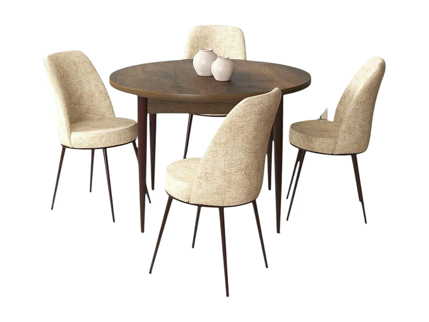Ensemble table ronde Ø90 cm + 4 chaises beiges à motifs AROLA