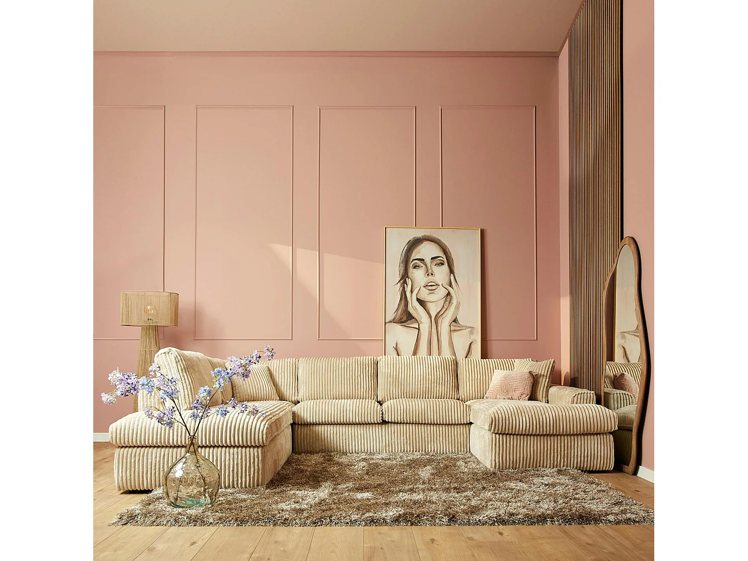 Canapé panoramique en U tissu côtelé beige RIVOLI