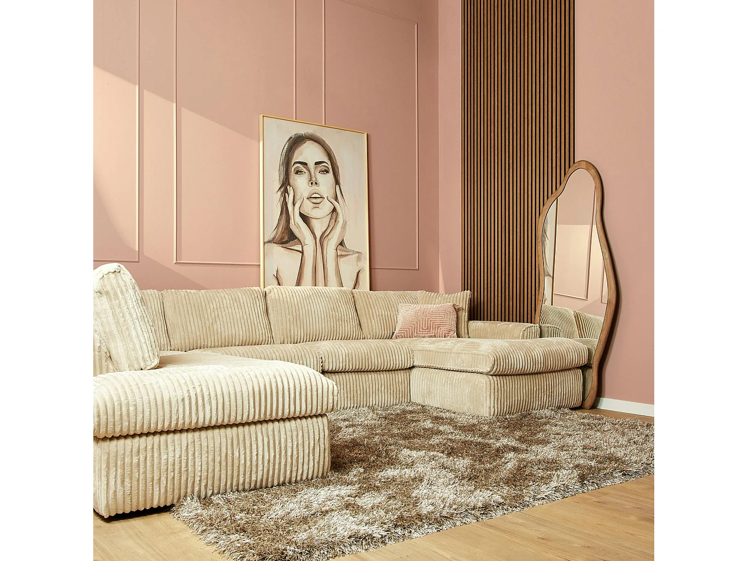 Canapé panoramique en U tissu côtelé beige RIVOLI