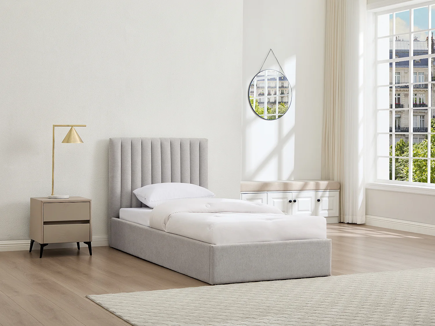 Lit coffre 90 x 200 cm – Tissu – Gris clair + Matelas – SARANELI