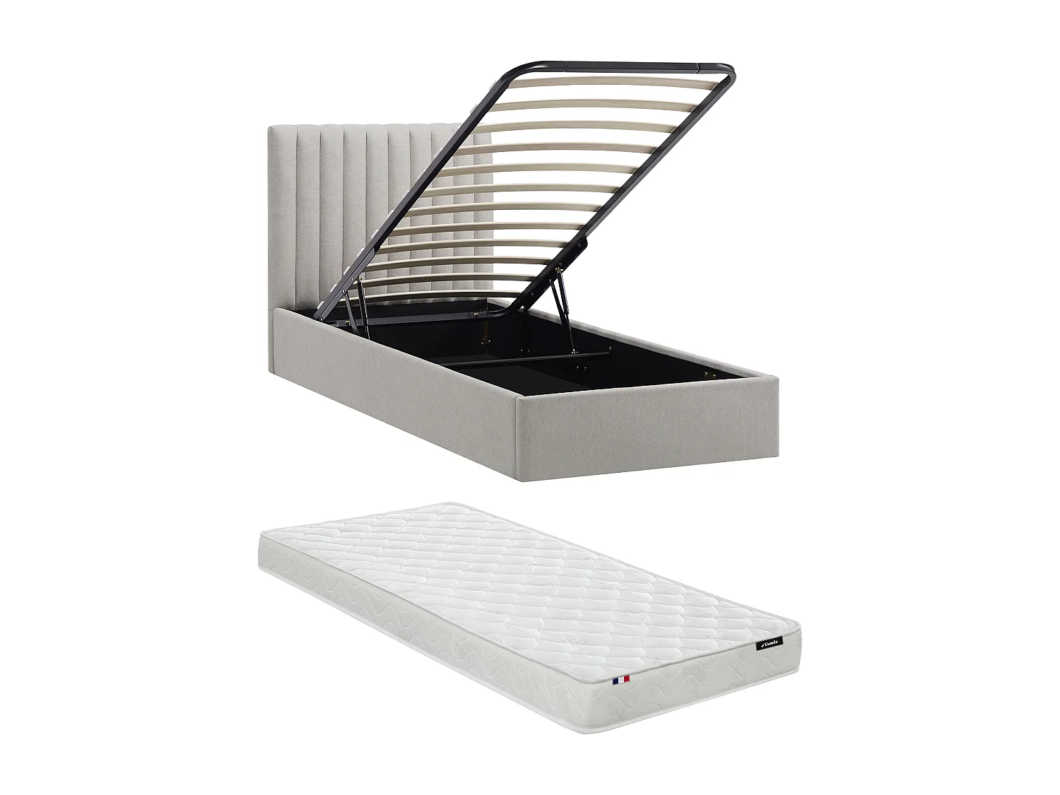 Lit coffre 90 x 200 cm – Tissu – Gris clair + Matelas – SARANELI