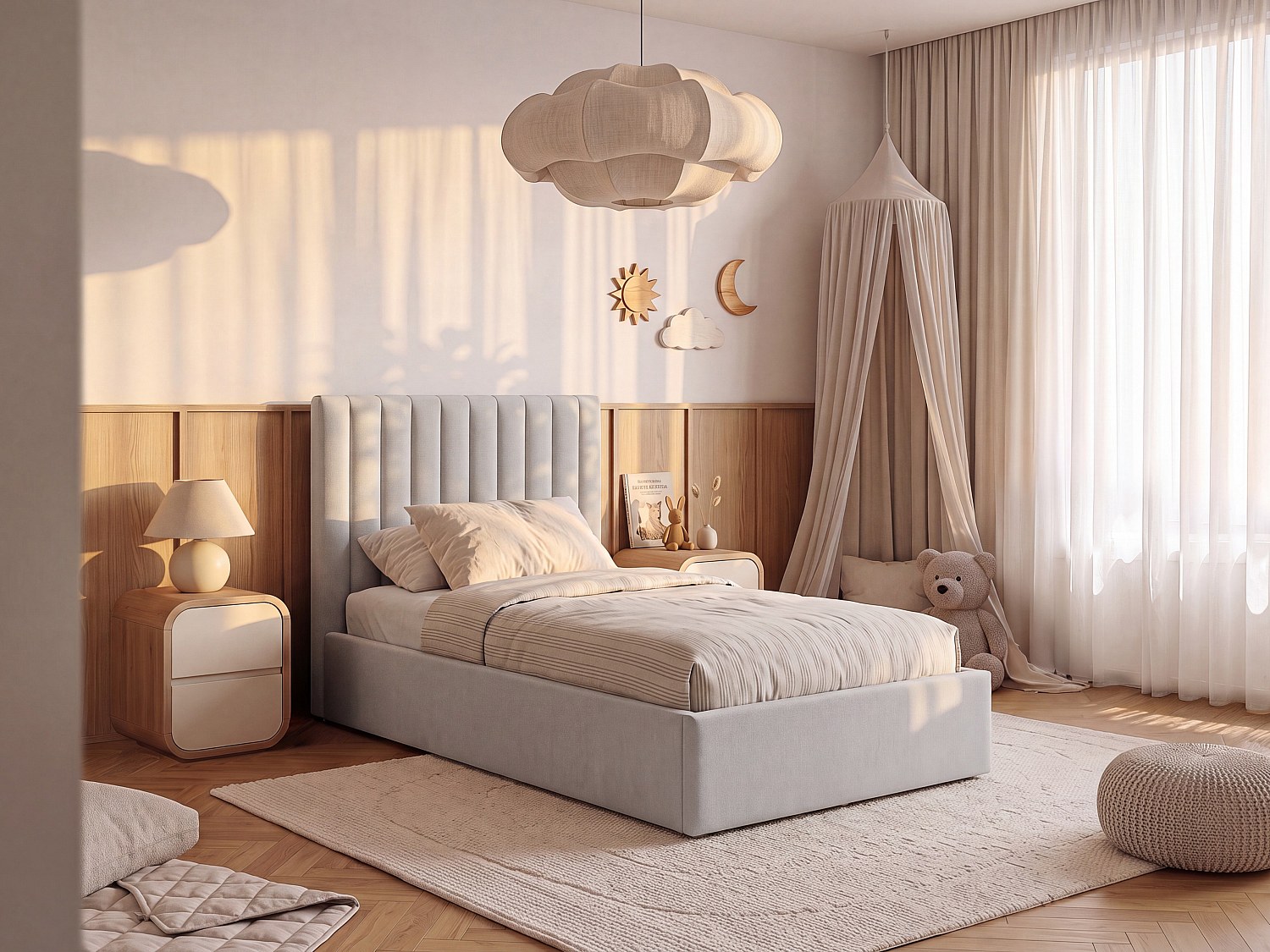 Bett mit Bettkasten 90 x 200 cm – Stoff – Hellgrau + Matratze – SARANELI