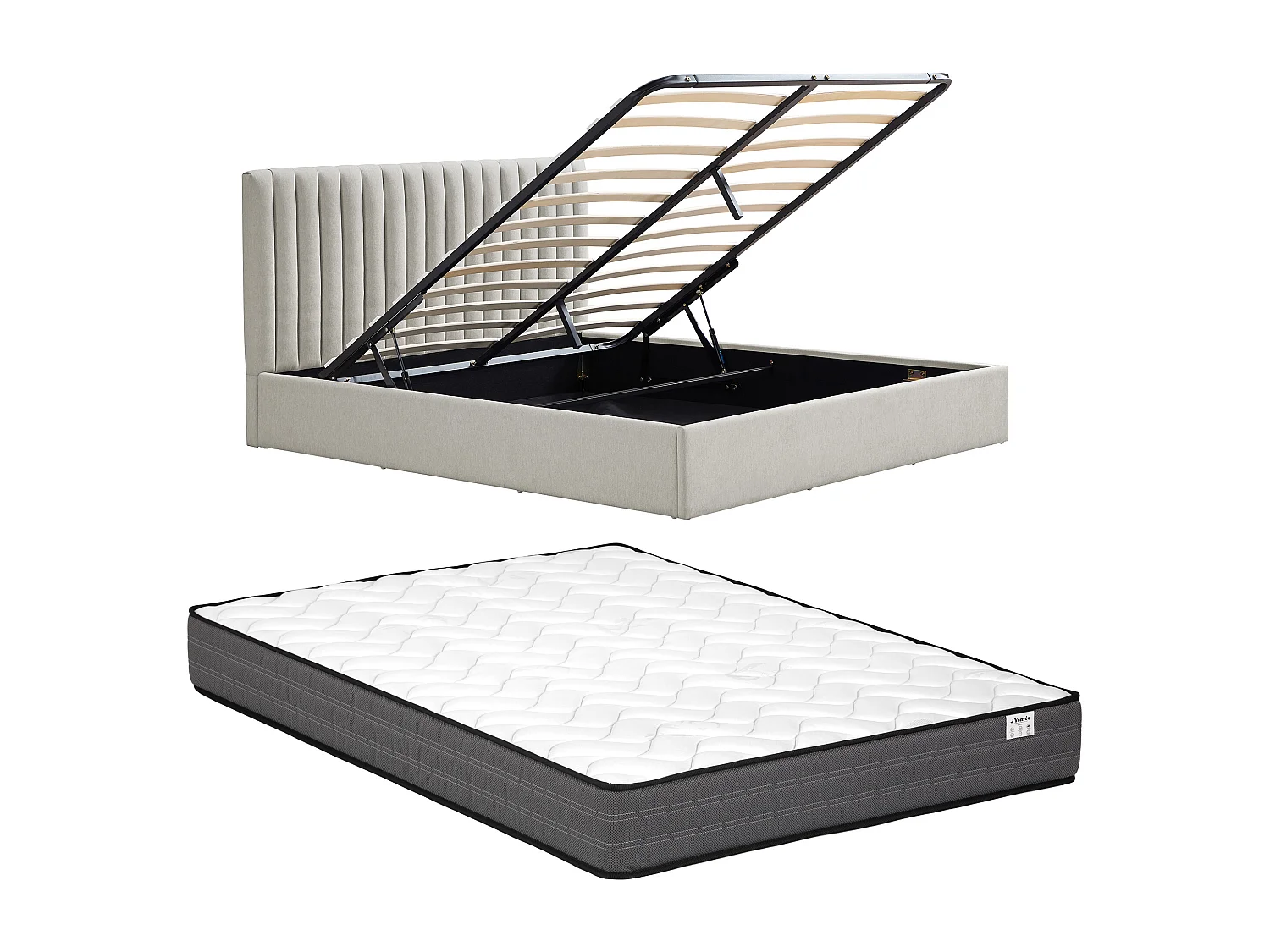 Lit coffre 140 x 200 cm – Tissu – Gris clair + Matelas – SARANELI
