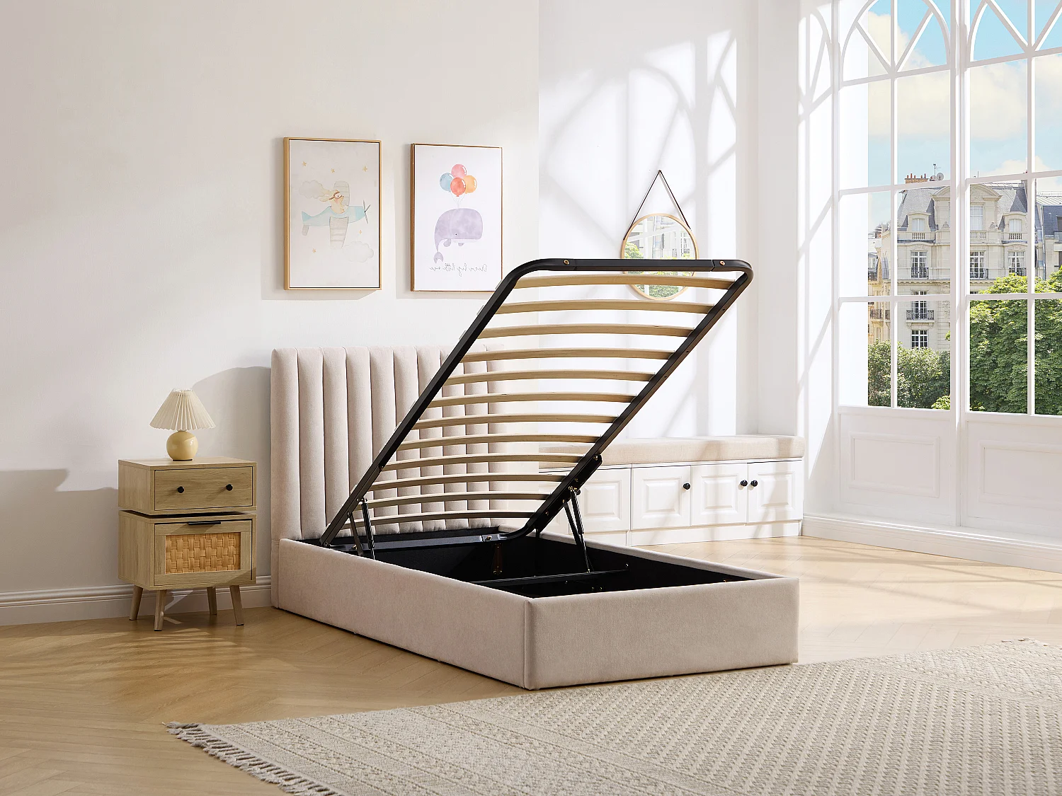 Lit coffre 90 x 200 cm – Tissu – Beige + Matelas – SARANELI