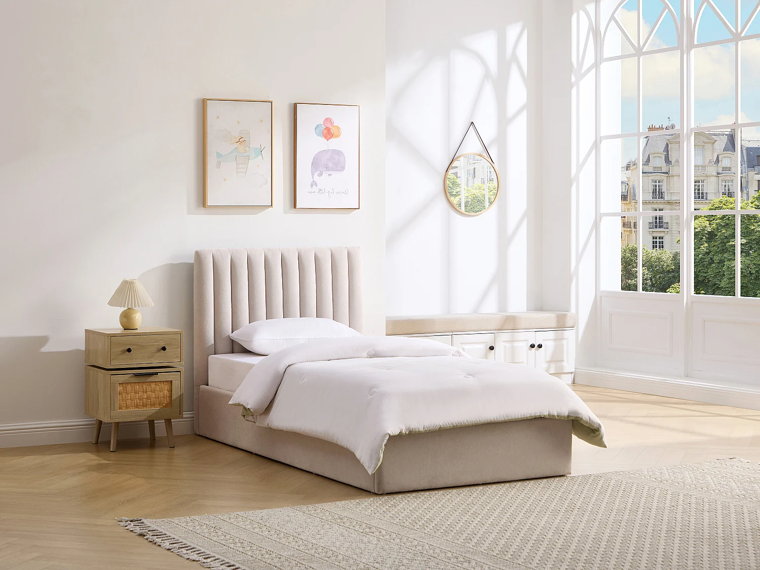 Lit coffre 90 x 200 cm – Tissu – Beige + Matelas – SARANELI