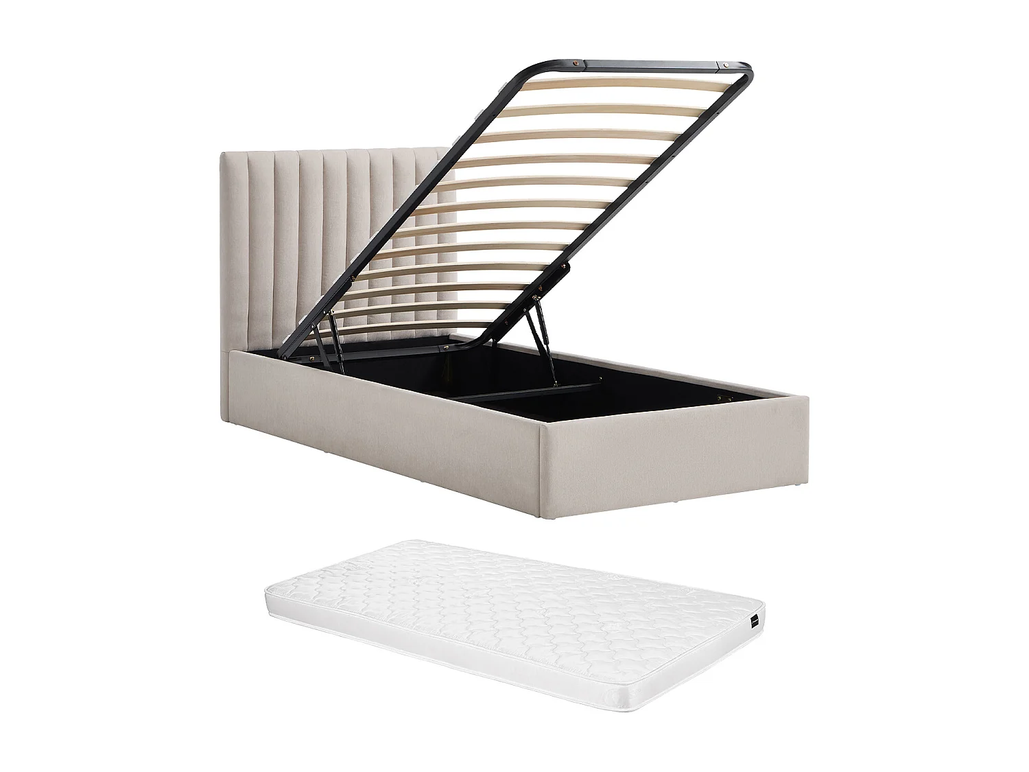 Lit coffre 90 x 200 cm – Tissu – Beige + Matelas – SARANELI
