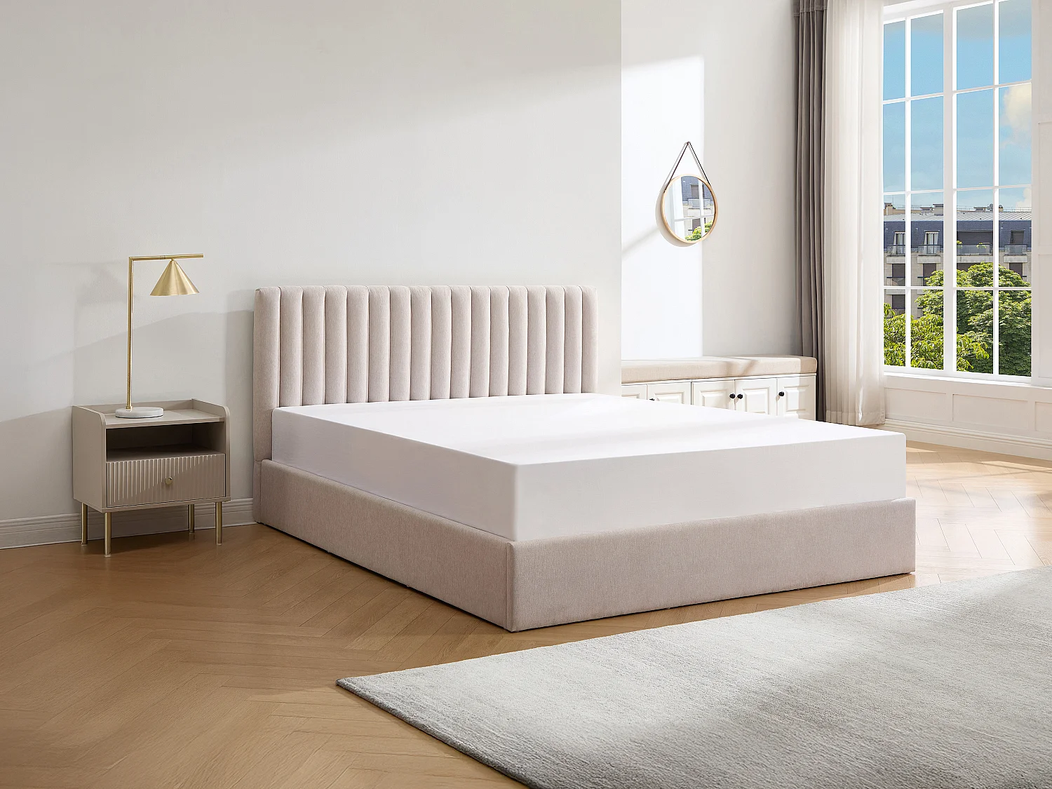 Lit coffre 140 x 200 cm – Tissu – Beige + Matelas – SARANELI