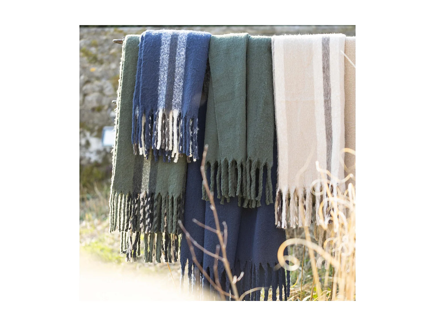 Gestreifter recycelter Plaid Isabel Tannengrün 130 x 160 cm