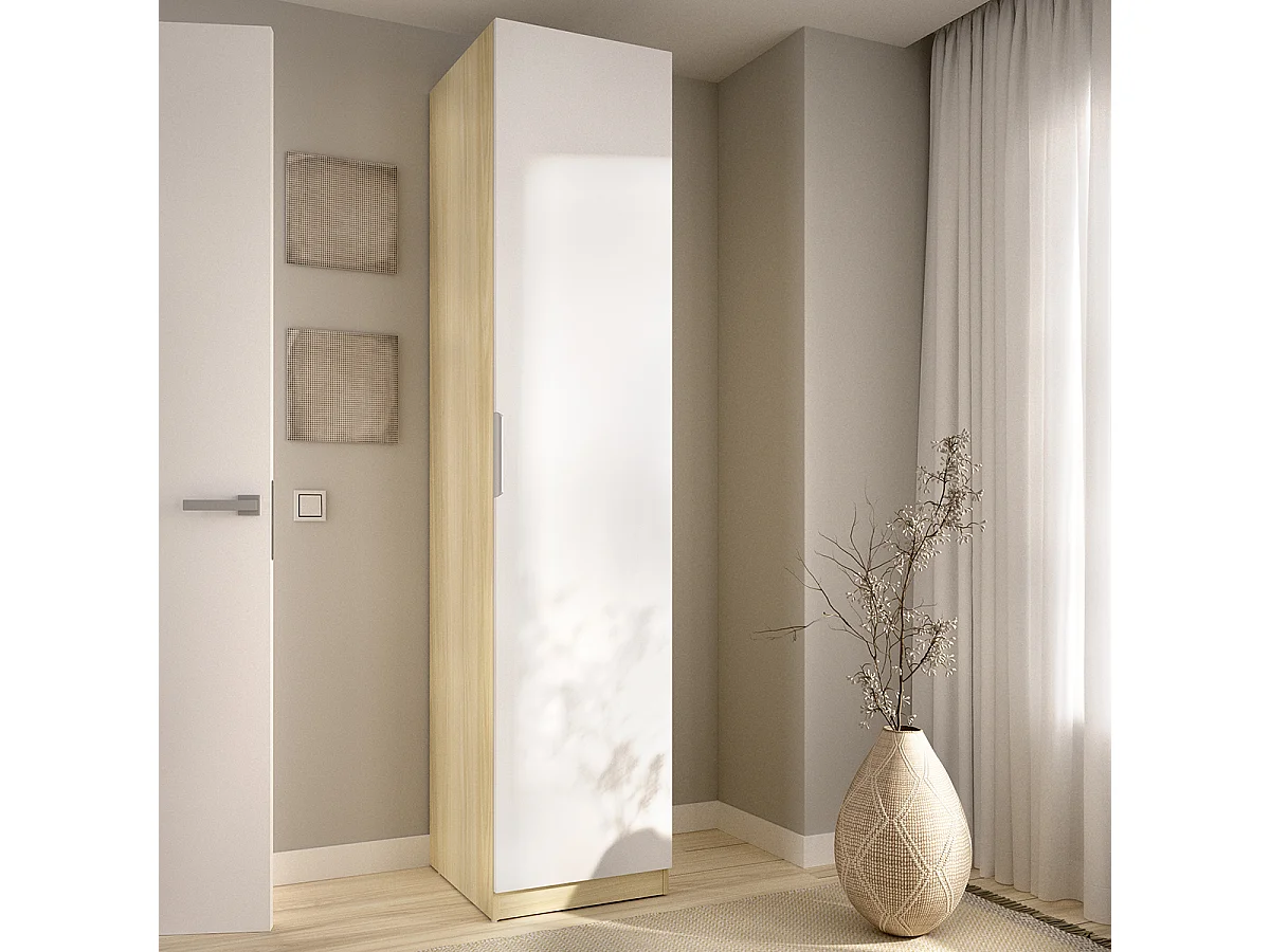 Armoire colonne de rangement à 1 porte et 2 étagères, coloris blanc/Chêne clair - Hauteur 203,5 x Longueur 45,5 x Profondeur 51,4 cm