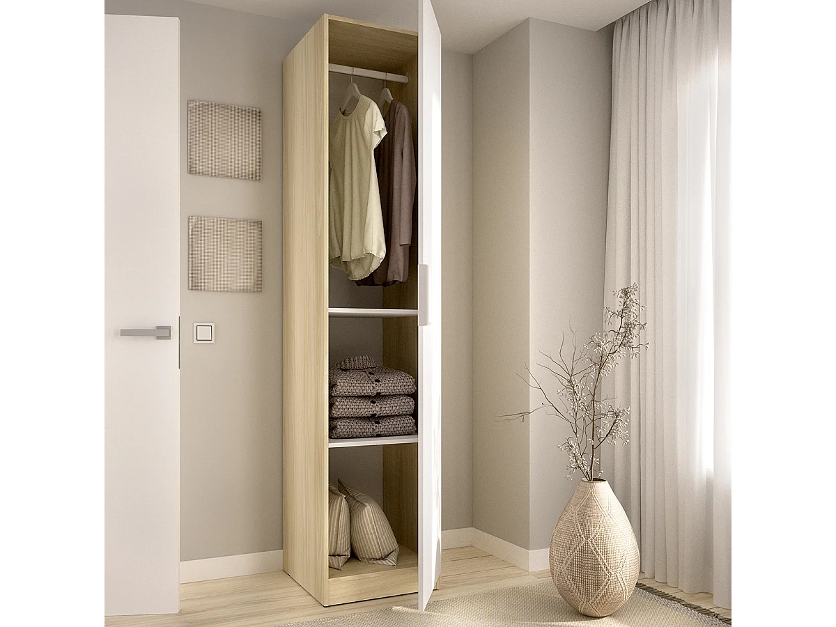 Armoire colonne de rangement à 1 porte et 2 étagères, coloris blanc/Chêne clair - Hauteur 203,5 x Longueur 45,5 x Profondeur 51,4 cm