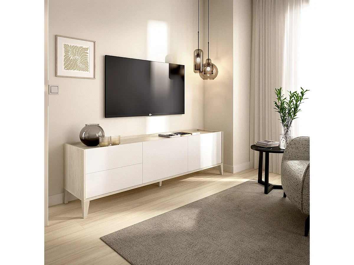 Meuble TV bas avec 2 tiroirs et 2 portes battantes, coloris naturel/blanc - Hauteur 50,1 x Longueur 129 x Profondeur 39,2 cm