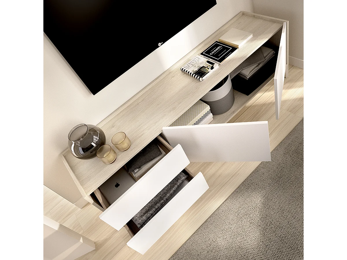 Meuble TV bas avec 2 tiroirs et 2 portes battantes, coloris naturel/blanc - Hauteur 50,1 x Longueur 129 x Profondeur 39,2 cm