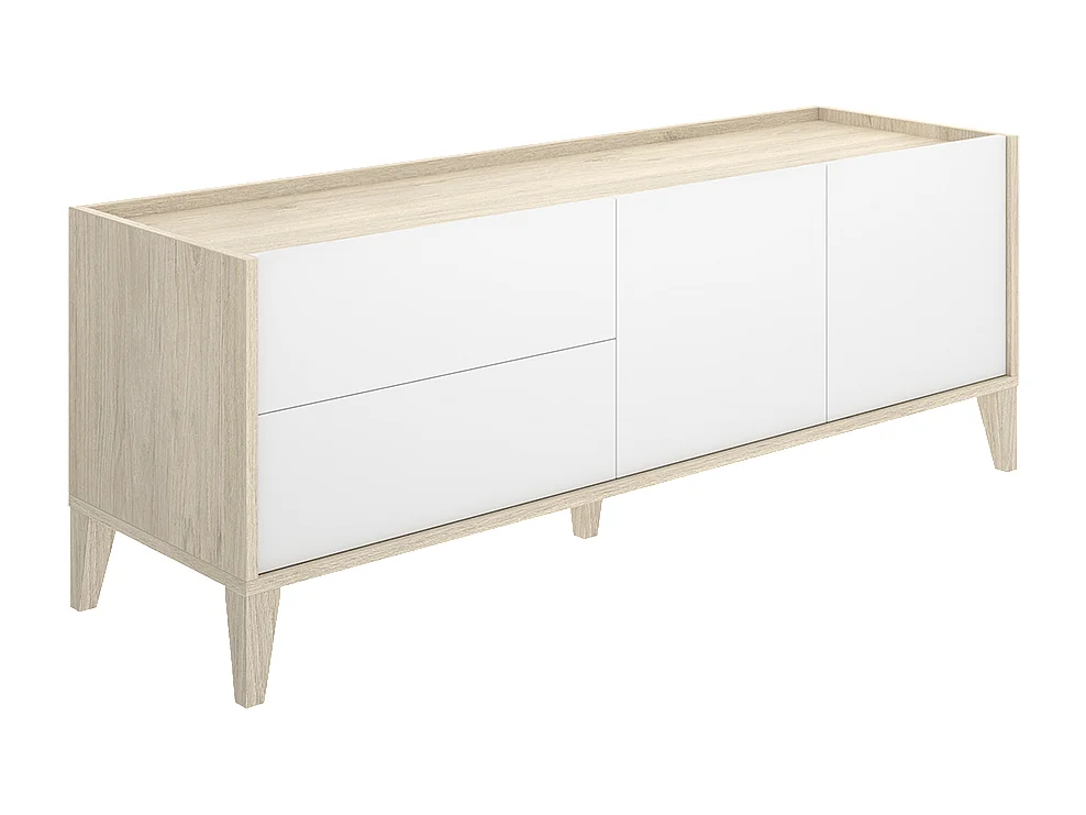 Meuble TV bas avec 2 tiroirs et 2 portes battantes, coloris naturel/blanc - Hauteur 50,1 x Longueur 129 x Profondeur 39,2 cm