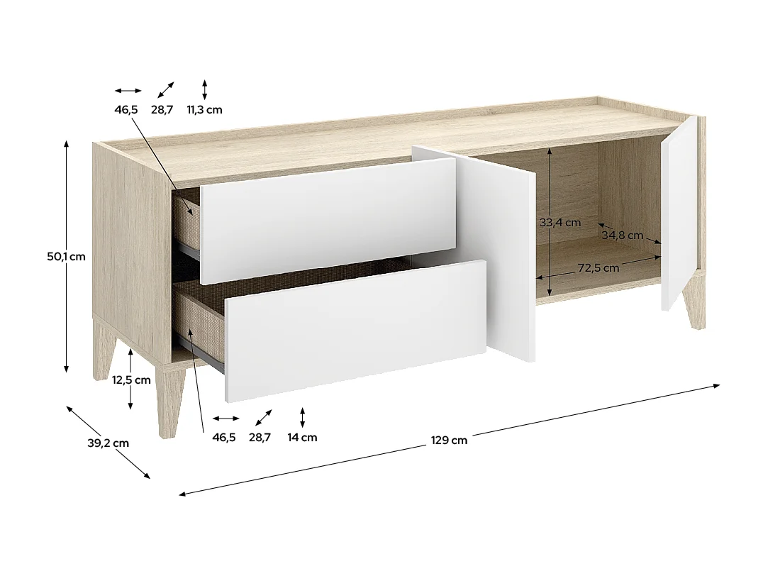 Meuble TV bas avec 2 tiroirs et 2 portes battantes, coloris naturel/blanc - Hauteur 50,1 x Longueur 129 x Profondeur 39,2 cm