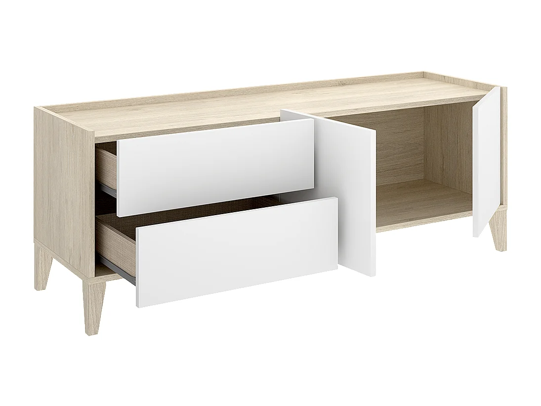 Meuble TV bas avec 2 tiroirs et 2 portes battantes, coloris naturel/blanc - Hauteur 50,1 x Longueur 129 x Profondeur 39,2 cm