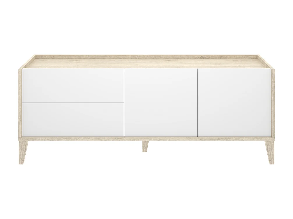 Meuble TV bas avec 2 tiroirs et 2 portes battantes, coloris naturel/blanc - Hauteur 50,1 x Longueur 129 x Profondeur 39,2 cm