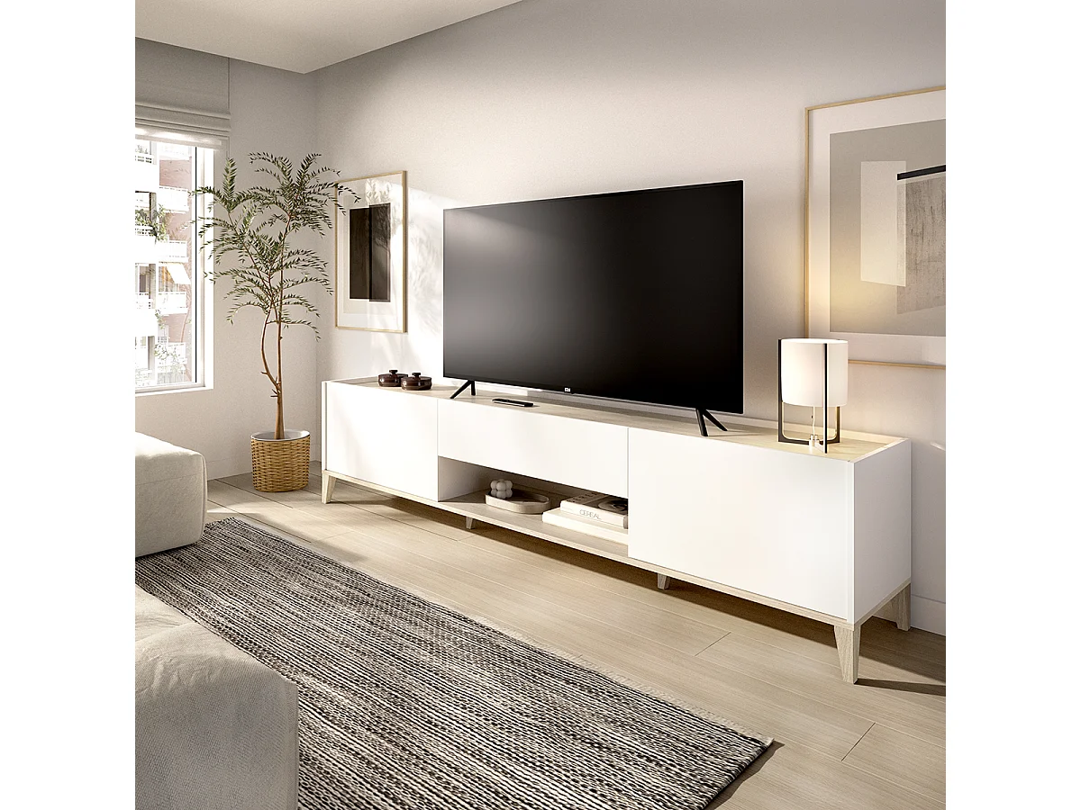 Meuble TV bas avec 2 portes abattante, 1 tiroirs et 1 niche centrale, coloris naturel/blanc - Hauteur 50,1 x Longueur 196,5 x Profondeur 39,2 cm