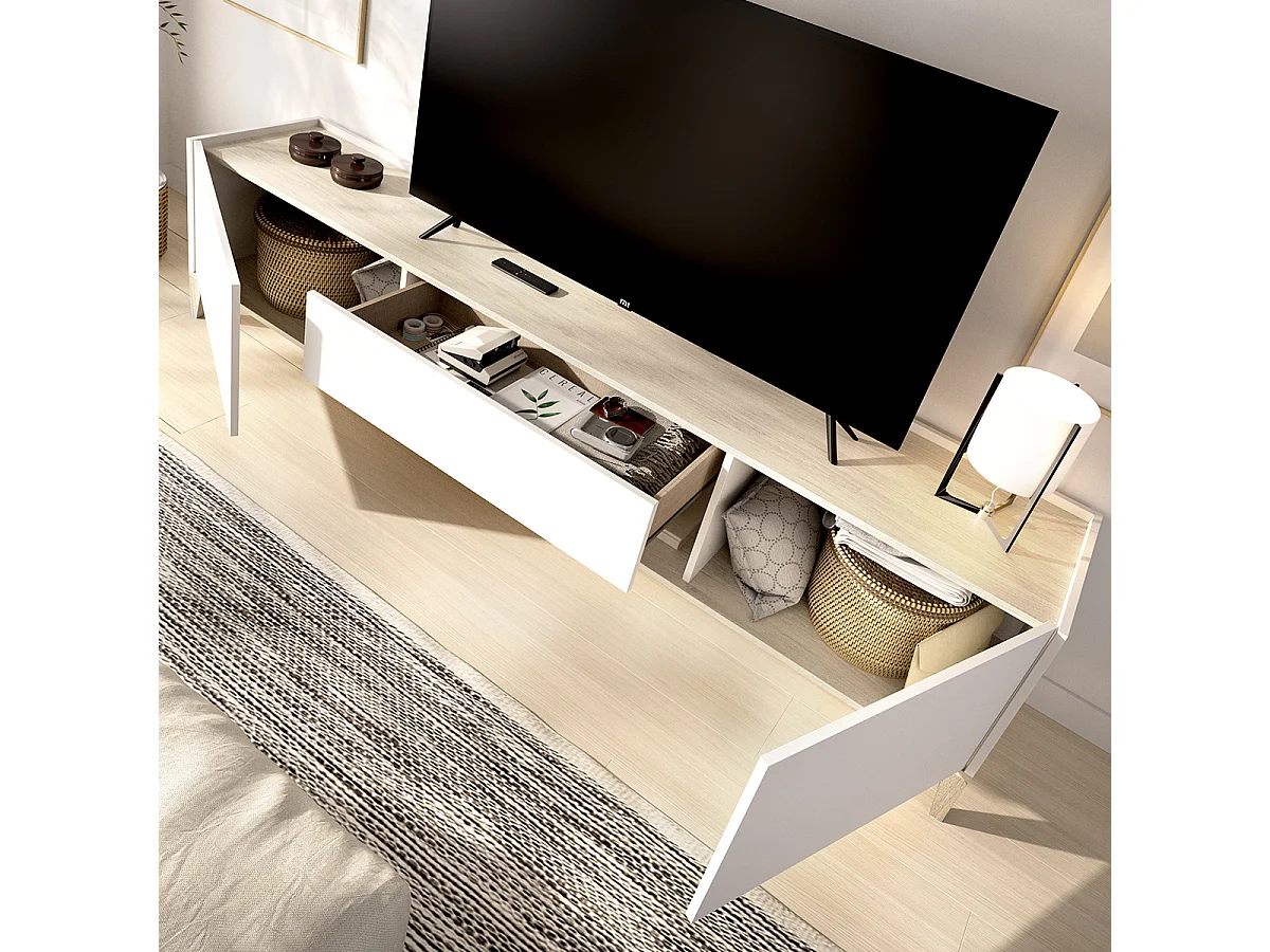 Meuble TV bas avec 2 portes abattante, 1 tiroirs et 1 niche centrale, coloris naturel/blanc - Hauteur 50,1 x Longueur 196,5 x Profondeur 39,2 cm