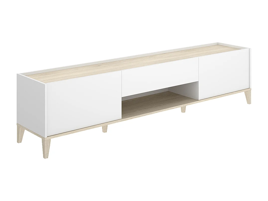 Meuble TV bas avec 2 portes abattante, 1 tiroirs et 1 niche centrale, coloris naturel/blanc - Hauteur 50,1 x Longueur 196,5 x Profondeur 39,2 cm