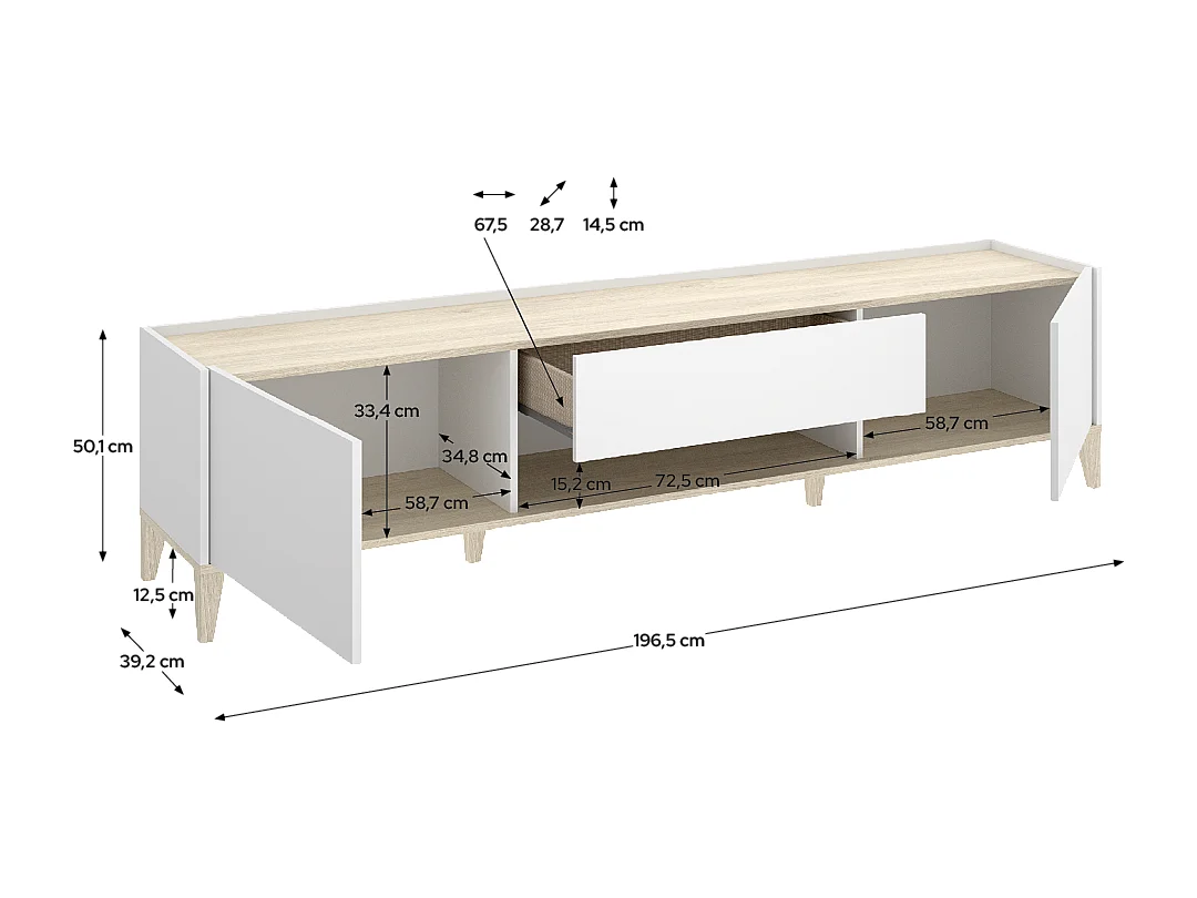 Meuble TV bas avec 2 portes abattante, 1 tiroirs et 1 niche centrale, coloris naturel/blanc - Hauteur 50,1 x Longueur 196,5 x Profondeur 39,2 cm