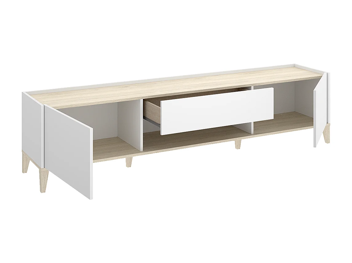 Meuble TV bas avec 2 portes abattante, 1 tiroirs et 1 niche centrale, coloris naturel/blanc - Hauteur 50,1 x Longueur 196,5 x Profondeur 39,2 cm
