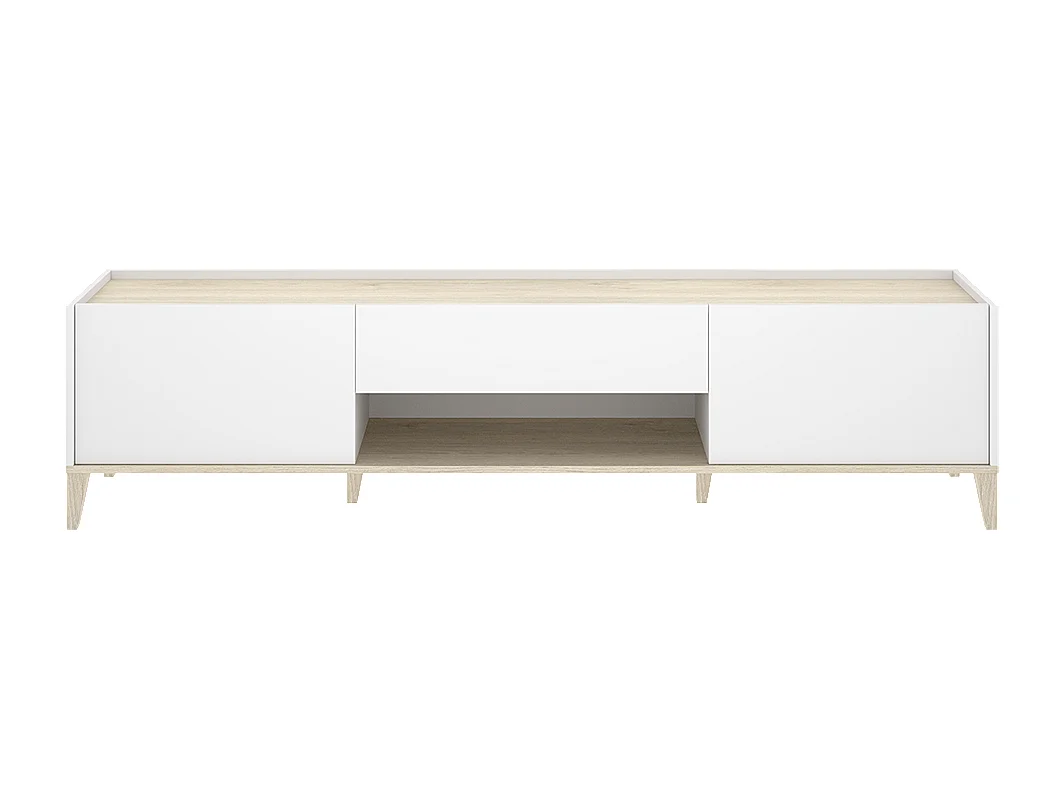 Meuble TV bas avec 2 portes abattante, 1 tiroirs et 1 niche centrale, coloris naturel/blanc - Hauteur 50,1 x Longueur 196,5 x Profondeur 39,2 cm