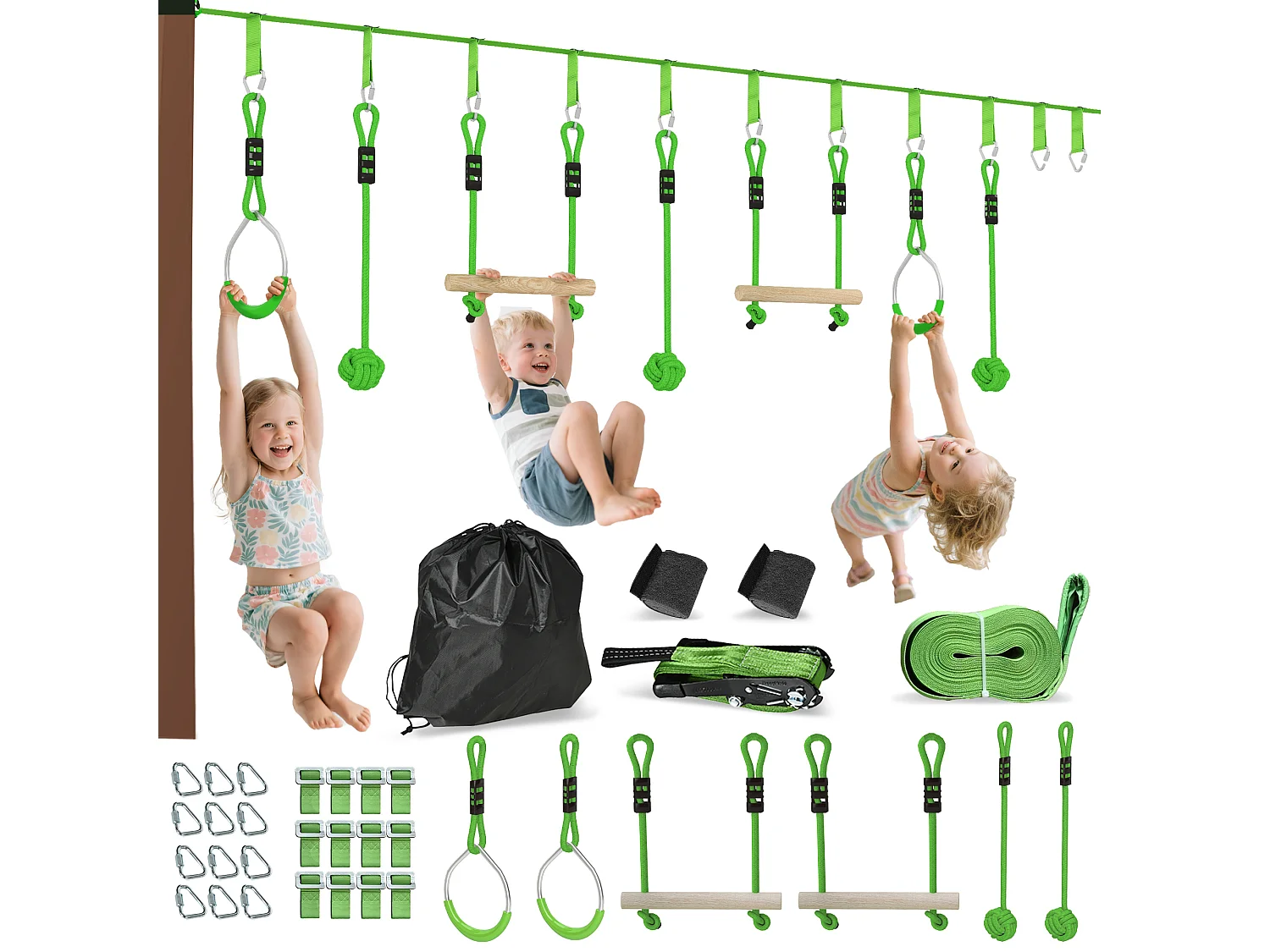 Tyrolienne enfant 10m max. 50Kg - kit complet - nombreux accessoires - vert