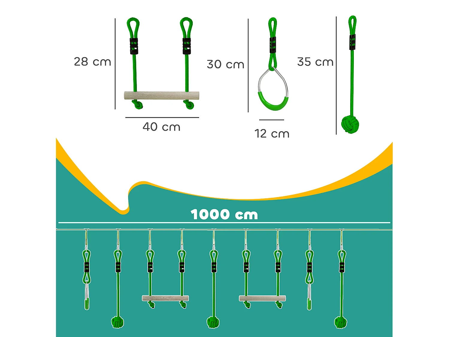 Tyrolienne enfant 10m max. 50Kg - kit complet - nombreux accessoires - vert