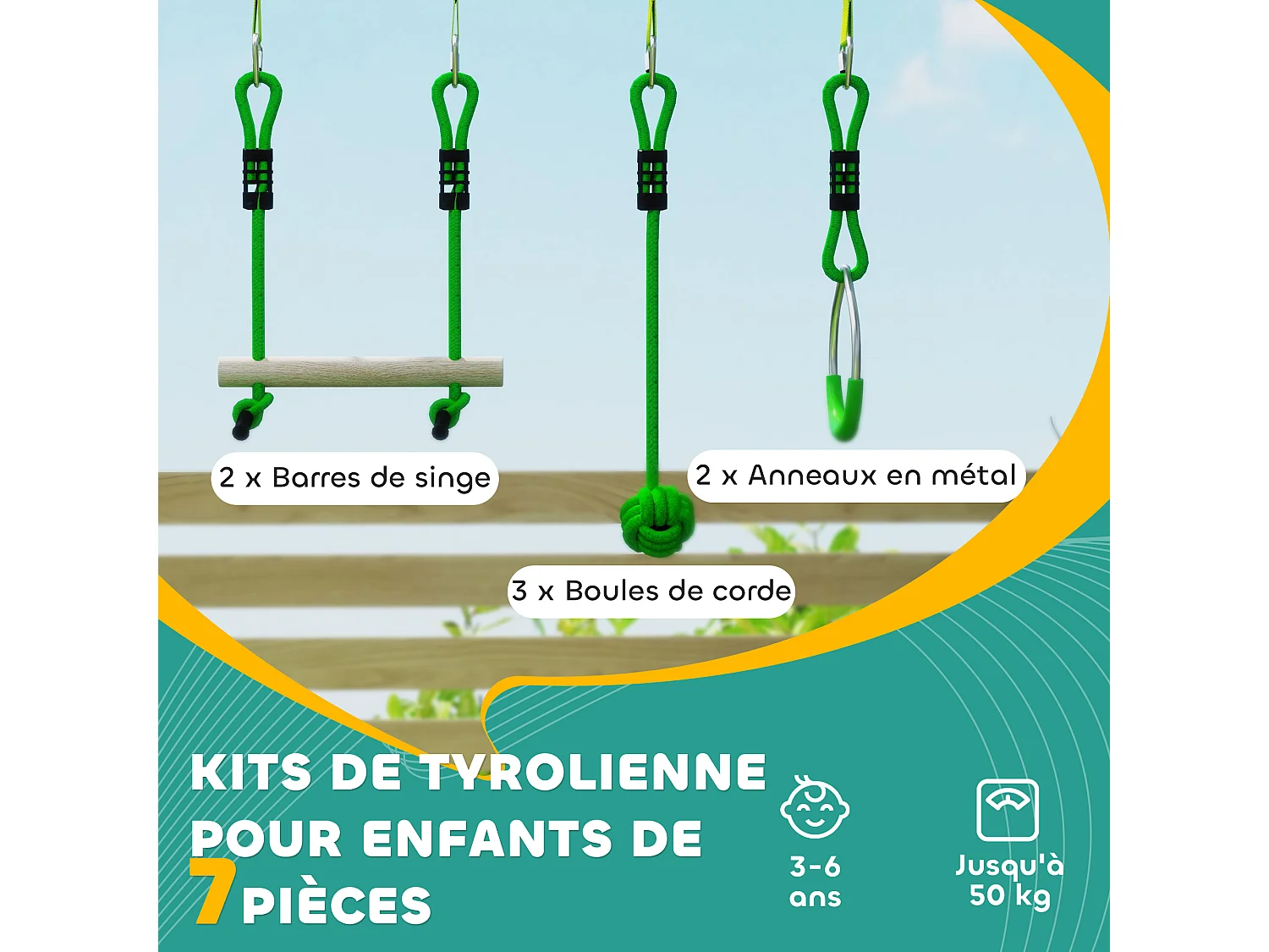 Tyrolienne enfant 10m max. 50Kg - kit complet - nombreux accessoires - vert
