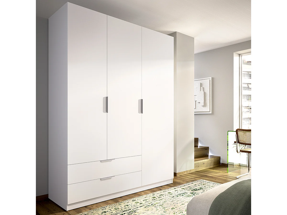 Armoire placard de rangement à 3 portes battantes et 2 tiroirs, coloris blanc - Hauteur 203,5 x Longueur 136,6 x Profondeur 51,4 cm